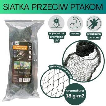 Siatka przeciw ptakom UV 10 m x 2 m 18 g/m2 (6 szpilek)
