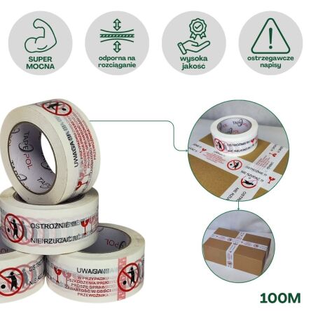 Taśma pakowa ostrożnie 100 mb Super Mocna